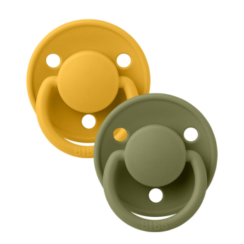 Image showing the De Lux Pack of 2 Round Silicone Dummies, Size 1, Honey Bee/Olive product.