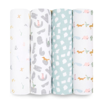 Image showing the Essentials Pack of 4 Cotton Muslin Swaddles, 112 x 112cm, Alphabet Animals product.
