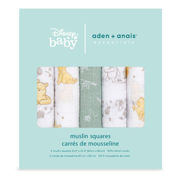 Image showing the Essentials Pack of 5 Cotton Muslin Squares, 60 x 60cm, Winnie & Friends product.