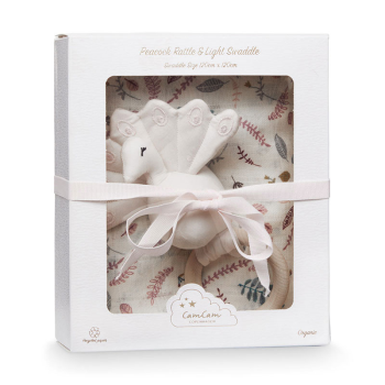 Image showing the Printed Swaddle & Peacock Rattle Gift Set, Pressed Leaves Rose product.