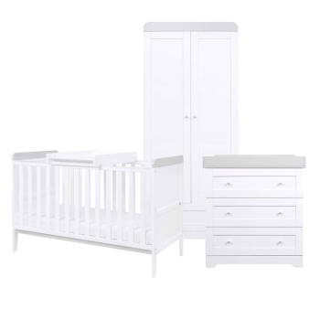 Image showing the Rio 3 Piece Cot Bed Nursery Furniture Set, White/Dove Grey product.