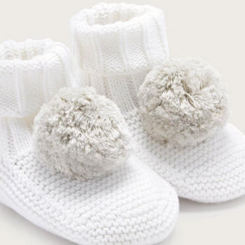 Image showing the Knitted Pom Pom Booties, 6 - 12 Months, White product.