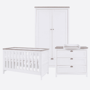Image showing the Verona 3 Piece Cot Bed Nursery Furniture Set, White/Oak product.