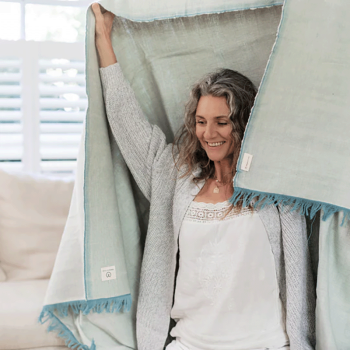 Image showing the Organic Cotton Chambray Yoga Blanket, 230 x 150cm, Eucalyptus product.