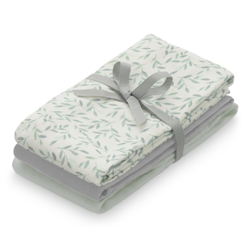 Image showing the Pack of 3 Organic Cotton Muslin Cloths, Green Leaves, Dusty Green, Grey product.