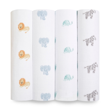 Image showing the Boutique Pack of 4 Large Organic Cotton Muslin Swaddles, 120 x 120cm, Animal Kingdom product.